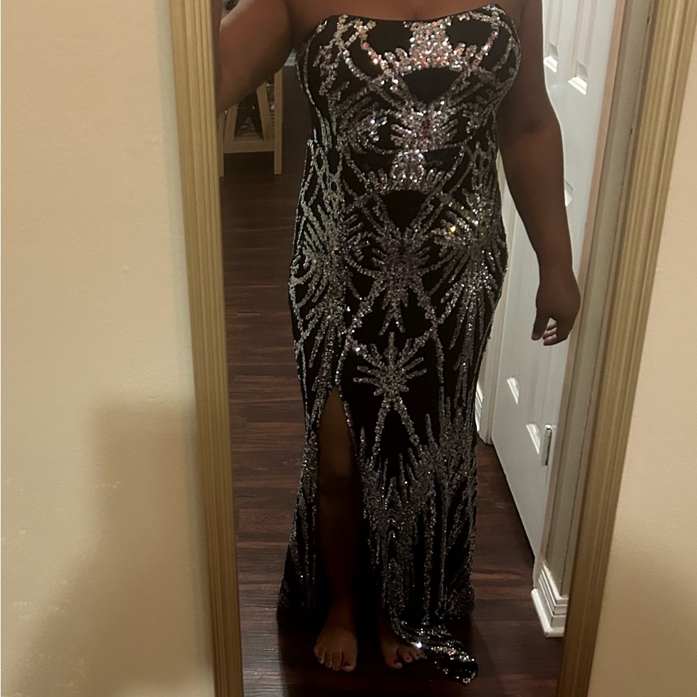 Strapless Black Sequin Evening Gown with Silver Embellishment